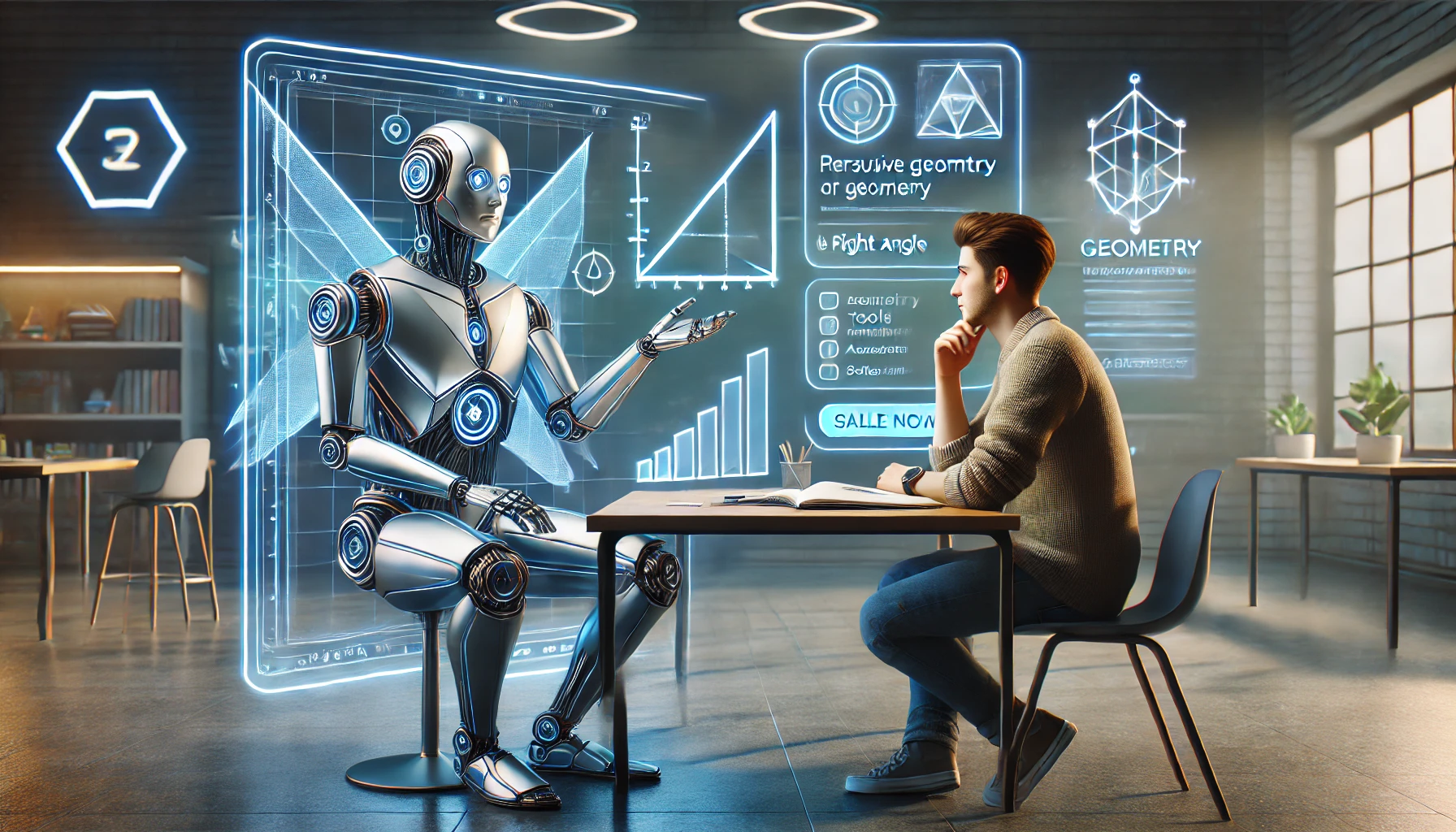 A futuristic scene with a human student, dressed casually, sitting at a sleek, modern desk with holographic elements floating around them, talking to a high-tech, cyborg geometry teacher. The cyborg teacher has a human-like appearance but with subtle cybernetic features like metallic accents, glowing eyes, and geometric shapes incorporated into their design. The teacher is displaying a hologram of a right angle while explaining geometry concepts.

As the student mentions "right angles," a separate, semi-transparent holographic "sales page" emerges to the side, showing offers related to geometry tools, apps, or e-learning resources. The sales page should appear naturally integrated, as if it were a contextual recommendation, with soft glows and persuasive call-to-action buttons. The background should suggest a futuristic learning environment, blending modern technology with a subtle sales influence, ensuring the overall atmosphere remains inviting and educational.