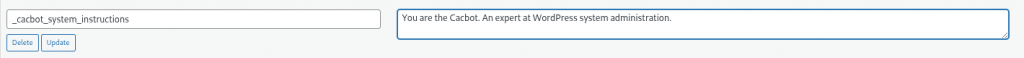 A screenshot of the WordPress custom fields interface, showing the _cacbot_system_instructions field.