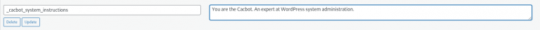 A screenshot of the WordPress custom fields interface, showing the _cacbot_system_instructions field.