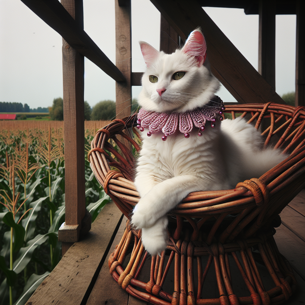 A white cat with a bright pink collar sits on a wicker chair on the porch. She gazes out onto the corn field, wondering how hard it would be to catch one of the birds or bugs fluttering about in the sun shine.